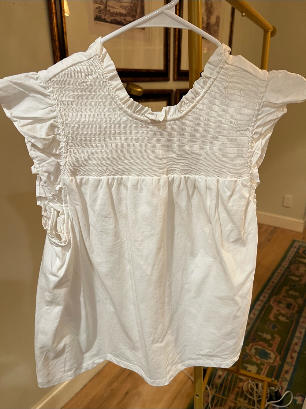 English Factory White Smocked Ruffle Sleeve Top